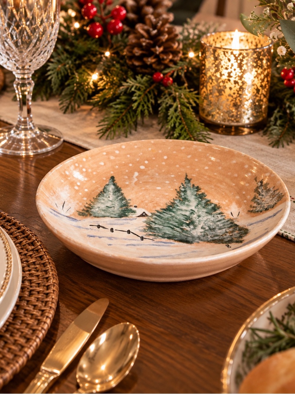 🎄 Hand-Painted Christmas Winter Scene Pottery Low Bowls – Set of 2